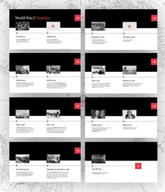 four black and white webpages with red accents on them, all showing different locations