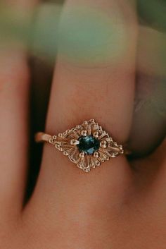 sapphire gold engagement ring Green Sapphire Ring, Celestial Ring, Teal Sapphire, Green Sapphire