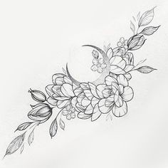 a black and white drawing of flowers on a white background with the moon in the middle