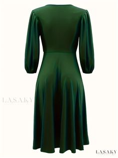 Lasaky - Chic V-Neck Midi Dress with Lantern Sleeves - Versatile Womens Dress for Spring & Fall Soirees Green A-line V-neck Evening Dress, Formal Green A-line V-neck Dress, Fall Care, Dress For Spring, V Neck Midi Dress, Midi Dress Party, Womens Dress, Lantern Sleeve, Dress Party