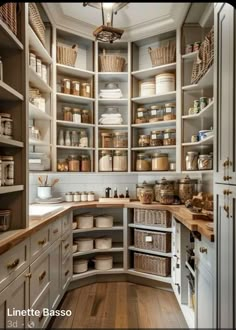 an organized pantry with lots of shelves and baskets