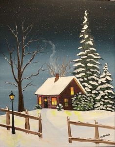 a painting of a house in the snow with a tree and street light next to it