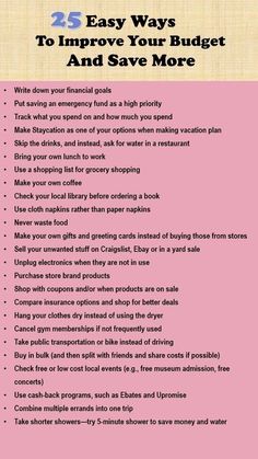 a pink poster with the words 25 easy ways to improve your budget and save more