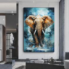 an elephant with tusks standing in front of a painting