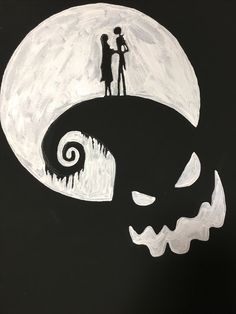 a drawing of two people standing on top of a hill in front of a full moon