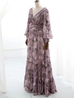 MissJophiel Long Puff Sleeves V Neck Floral Chiffon Wisteria Evening Gown Wedding Guest Dress Floral Chiffon Dress Long, Gown Wedding Guest, Fancy Maxi Dress, Floral Print Chiffon Maxi Dress, Evening Gown Wedding, Floral Print Chiffon Dress, Elegant Summer Dresses, Frock Patterns, Oufits Casual