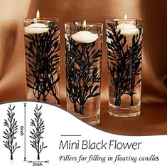 three candles are sitting in glass vases with black flowers and leaves on the sides