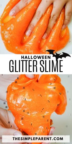 two photos with text that says halloween glitter slime, and an image of hands holding orange