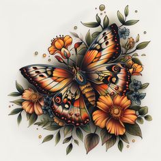 a butterfly and flowers tattoo design on a white background with lots of orange, yellow and blue colors