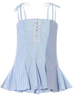 blue cotton multi-way stripe pattern front lace-up fastening square neck tie-fastening straps thigh-length straight hem Mini Dress Blue, Blue Striped Dress, Stripped Dress, Wardrobe Edit, Exclusive Fashion, Lace Mini Dress, Christmas Wishlist, Dress Blue, Striped Dress