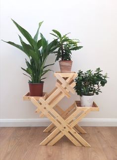 three wooden plant stands with plants in them