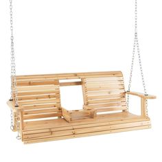 a wooden swing with chains attached to it