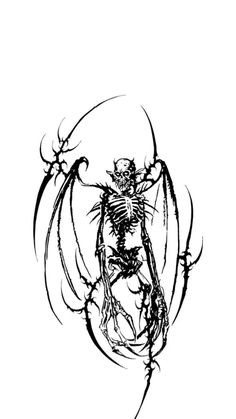 a black and white drawing of a skeleton in the shape of a spider with wings