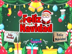 the logo for feliz navidad with christmas decorations and presents around it