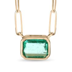 Featured here is a 2.80-carat stunning, East to West emerald necklace in 14K yellow gold. Displayed in the center is a bright rich spring green emerald with very good eye clarity, accented by a simple bezel setting, allowing for the emerald to be shown in full view. The earth-mined Muzo emerald has a desirable lush green color with excellent qualities. An 18-inch paper clip chain is attached to the emerald pendant. This necklace is ideal for everyday use and is the perfect accessory for any outfit.  Setting Style: Bezel Setting Material: 14K Yellow, White, Or Rose Gold Chain Lenght: 18 Inches   Main Stone: Emerald Shape: Emerald Cut Approx Weight: 2.80cts Clarity: Transparent Color: Rich Green Luster: Excellent-Very Good Treatment: Natural, Oiling Origin: Colombia This masterpiece is made Yellow Gold Emerald Necklace With Tsavorite, Luxury Emerald Rectangular Pendant Necklace, Green Emerald Necklace With Rectangular Pendant, Tsavorite Emerald Necklace In Yellow Gold, Emerald Cut Gemstone Emerald Necklace, Fine Jewelry, Rectangular Emerald Pendant Necklace, Green Emerald Square Pendant Necklace, Emerald Style, Emerald Color