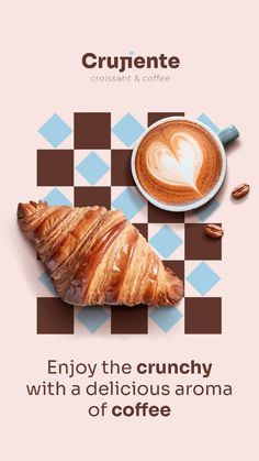 coffee and croissant on a checkered table with the caption enjoy the crunchy with a delicious aroma of coffee