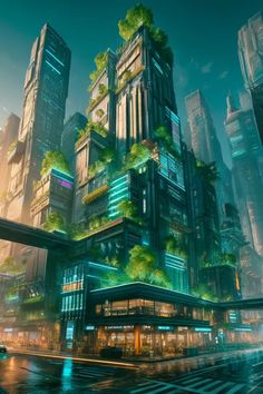 a futuristic city with lots of green plants on the buildings and trees growing out of it