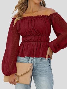 Women's Blouses Solid One-shoulder Long Sleeve Blouse Woman Blouse Casual, Pleated Chiffon Blouse, Women's Blouses, Chiffon Long Sleeve, Women Blouses, Shoulder Shirts, Chiffon Blouse, Off Shoulder Tops, Red Blouses