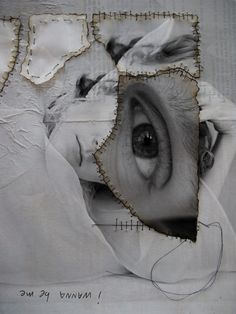 an altered photograph of a woman's eye through torn paper