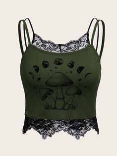 Army Green Casual Collar  Rib knit Graphic Cami Embellished Medium Stretch  Women Clothing Don’t Judge Me, Romwe Fairycore, Shifting Wardrobe, Fairycore Mushroom, Fairycore Top, Moda Grunge, Mushroom Print, Outfit Styles, Estilo Hippie