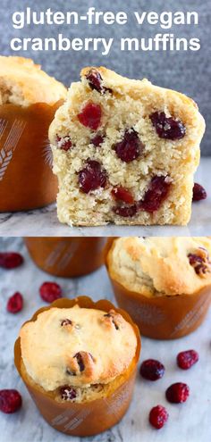 cranberry muffins with text overlay that reads gluten - free vegan cranberry muffins