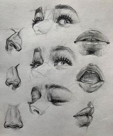 a drawing of various types of eyes and lips with different angles to the right, on white paper