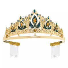 a gold tiara with blue and white stones on it's sides, set against a white background