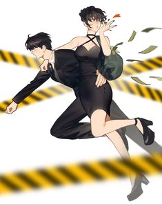 a man and woman dressed in black running across a yellow caution line with money coming out of their hands