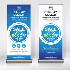 two roll up banners with blue and white designs on the sides, one for sale