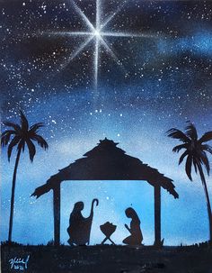 a nativity scene with the birth of jesus and baby jesus in manger, surrounded by palm trees