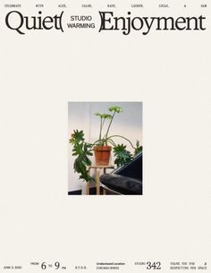 the front cover of quiet enjoyment magazine, featuring a potted plant on a small table