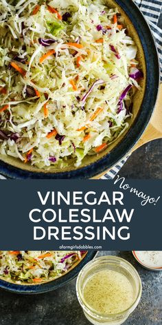 coleslaw dressing in a cast iron skillet with text overlay that reads sweet onion coleslaw dressing