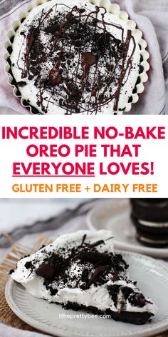 a slice of chocolate cake on a plate with the words incredible no bake oreo pie that everyone loves gluten free and dairy free