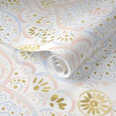 an image of a wallpaper with gold and blue designs on it's surface