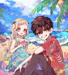 two anime characters sitting on the beach with drinks in their hands and one holding a drink