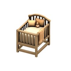 a small wooden crib with pillows on the top and bottom, in front of a white background