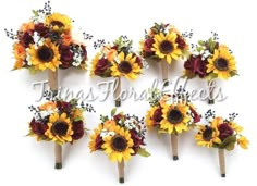 six sunflowers and other flowers are arranged on top of each other