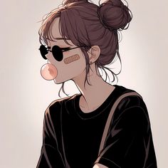 a woman wearing sunglasses and a black shirt with her hair in a pony tail bun