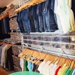 clothes hanging on racks in a clothing store