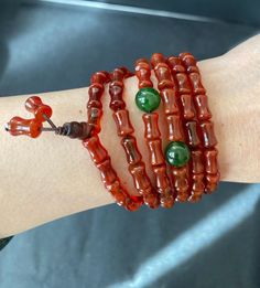 Agate size: 5.6mm/ 9.36mm Hetian jade beads size :9.5 mm  necklace :20.5 inch Hand-strung Amber Jewelry, Hand-strung Round Amber Jewelry, Multiple Bracelets, Hetian Jade, Nephrite Jade, Jade Necklace, Red Agate, Jade Beads, Prayer Beads