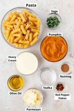 the ingredients to make this pasta recipe are shown in bowls and on top of each other