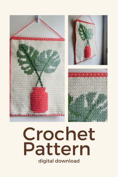 the crochet pattern is hanging on a wall and has a red vase with a green plant in it