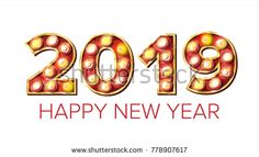 happy new year's card with the number in gold and red colors on a white background