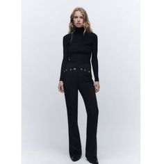 Zara Brand New With The Tag Attached. Collection: Zara Black Metal Buttoned Flare. Size: L High Rise Office, Black Flared Trousers, Capsule Wardrobe Women, Zara Brand, Sheer Pants, Black Flare Pants, Pleather Pants, Office Workwear, Cropped Flare Pants