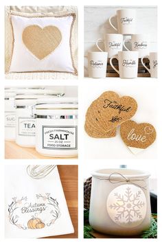 coffee mugs, tea bags, and other decorative items are featured in this collage