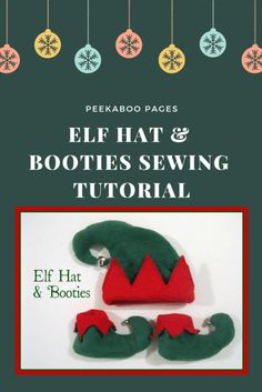 the elf hat and booties sewing pattern is featured on this page with text overlay