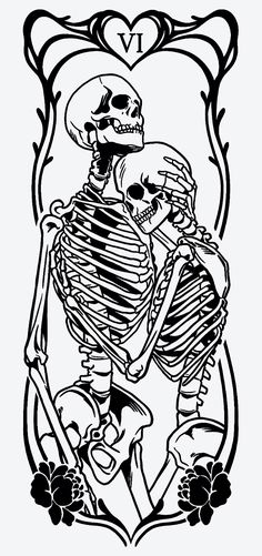 a couple of skeletons hugging each other in the middle of a frame with hearts on it