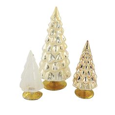 This Is A Set Of Three Neutral Glass Trees By Cody Foster. They All Are Textured, With A Gold Base. They Are Different Sizes. There Is A Large One With White And Silver, With A Leaf Like Texture. The Middle One Is More Shinny And It Reflects, With 3D Diamonds As The Textures. The Smallest One Looks Clear With A White Hue Over It.. 6.5 In H X 2.75 In W X 2.75 In D. Purchase includes 3 Glass Trees. Glass Trees, Cody Foster, Tree Textures, Tinsel Tree, Christmas Accents, Halloween Village, Trees Christmas, Decorative Sculpture, Indoor Christmas Decorations