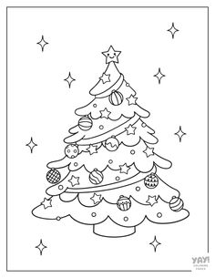 a christmas tree with presents on it and stars in the sky around it, coloring page