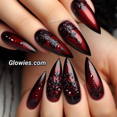 Gothic Bride Nails, Dark January Nails, Dark Vampy Nails, Burgundy And Black Nails, Gothic Valentines Nails, Vampy Nails, Burgundy Acrylic Nails